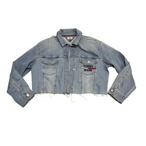 Cut Off Denim Jacket Tommy Jeans Womens Size Large Light Wash Raw Hem Hilfiger